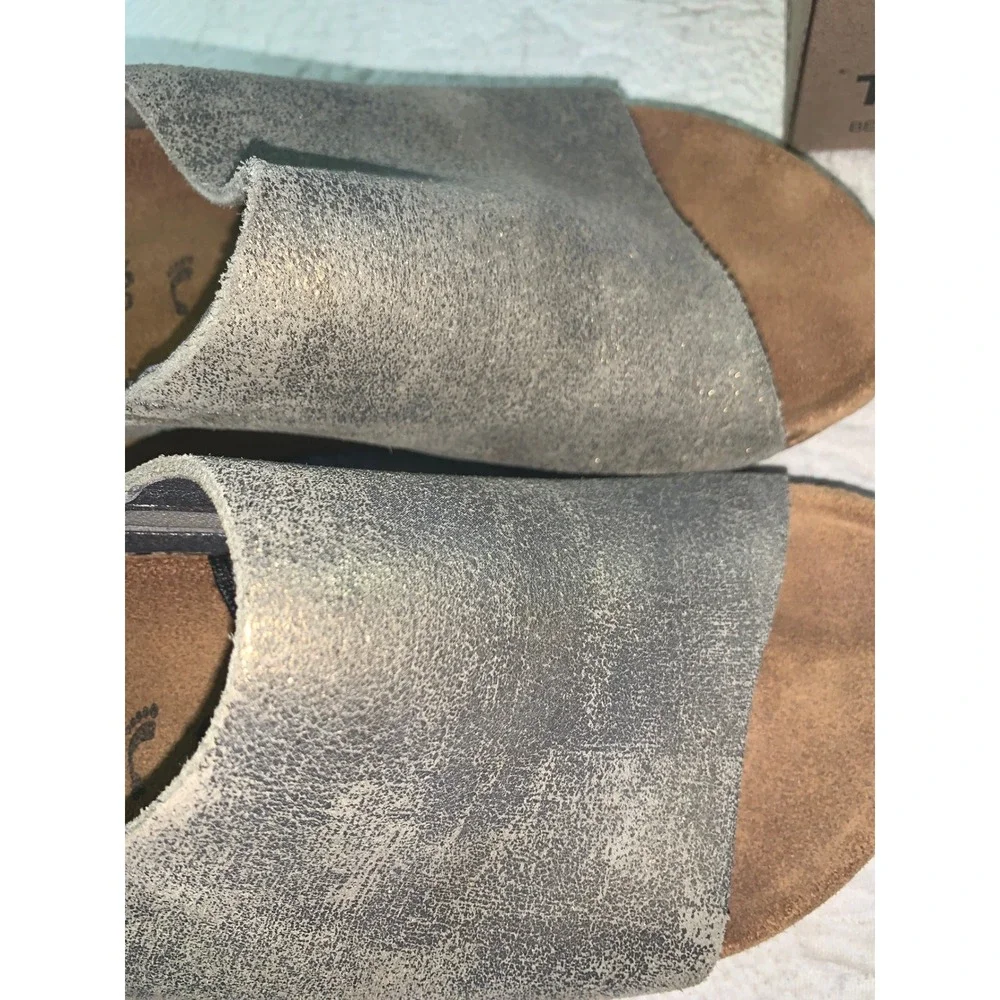Papillio by Birkenstock Namica Metallic Silver Grey Suede Cork Wedge Sandals 36